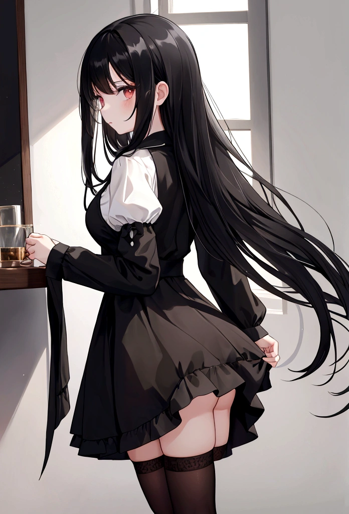 Girl with long black hair wearing dress and long black stockings