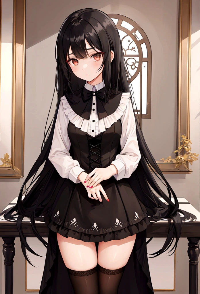Girl with long black hair wearing dress and long black stockings