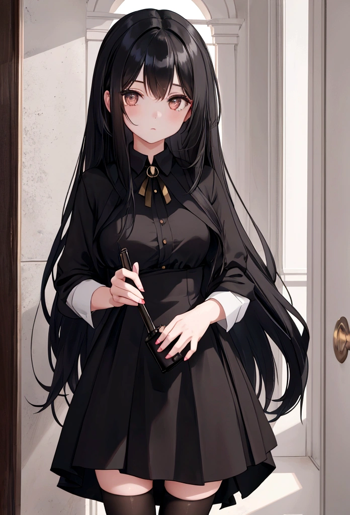 Girl with long black hair wearing dress and long black stockings