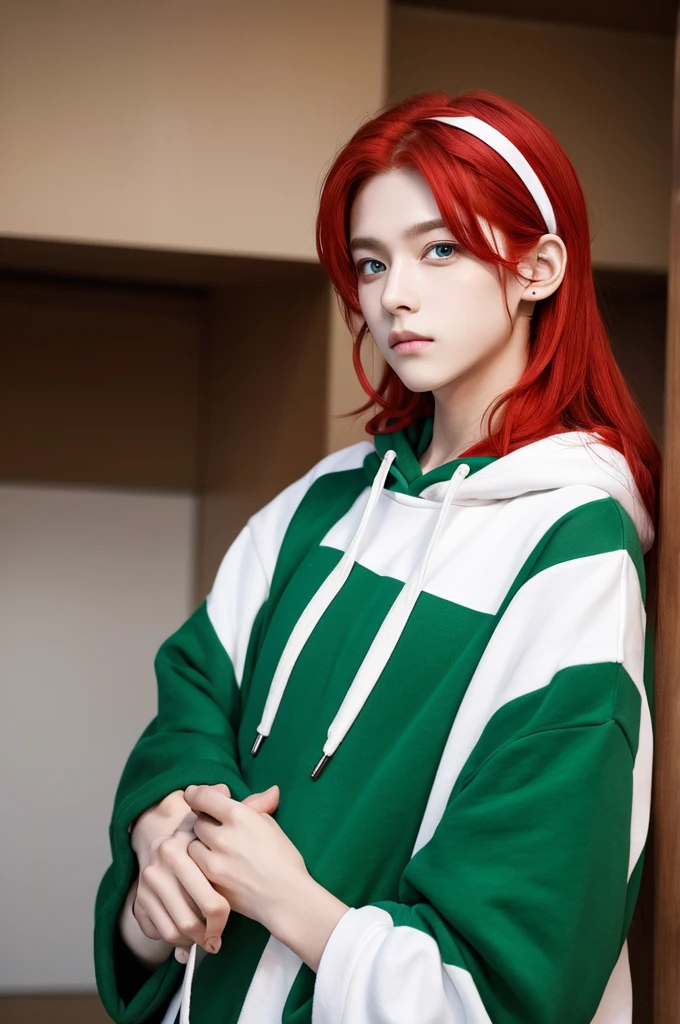 male cute Red hair Green Eyes Oversized red and white hoodie apple hairpin