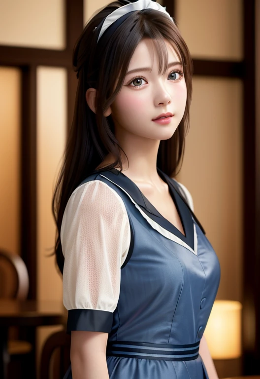 8K, Highest quality, Tabletop:1.2), (Realistic, Photorealistic:1.37), Highest quality, Tabletop, Beautiful young woman, Pensive expression,、attractive、そしてattractive表情, Cute maid outfit, Tie your hair back, Movie Background, Light skin tone