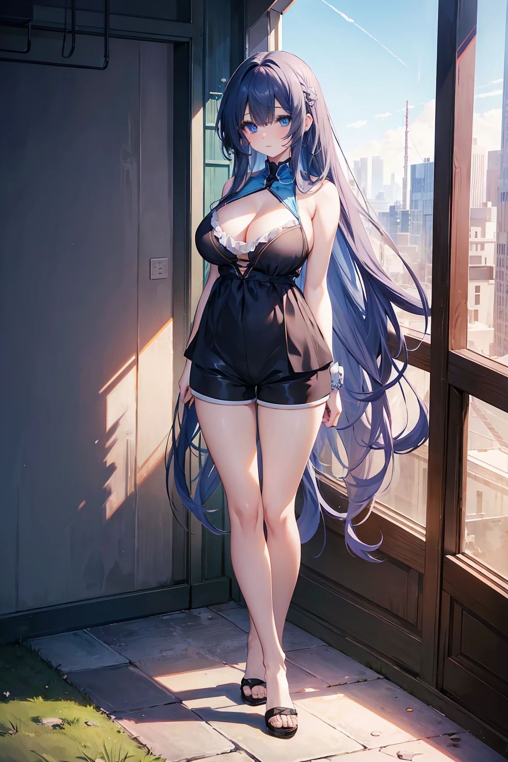 (big breasts, long hair)), (((anime girl))), daylight sunlight, ((full body)), mole on chest, ((shorts)), (extremely detailed 8k cg wallpaper), (extremely delicate and beautiful), (Masterpiece artwork), (the best quality: 1.0), (ultra resolution: 1.0), beautiful lighting, realistic shadows, [high resolution], Detailed aspects, ultra detailed, cleavage, mini black top, (detailed eyes:1.0, perfect eyes, blue eyes)