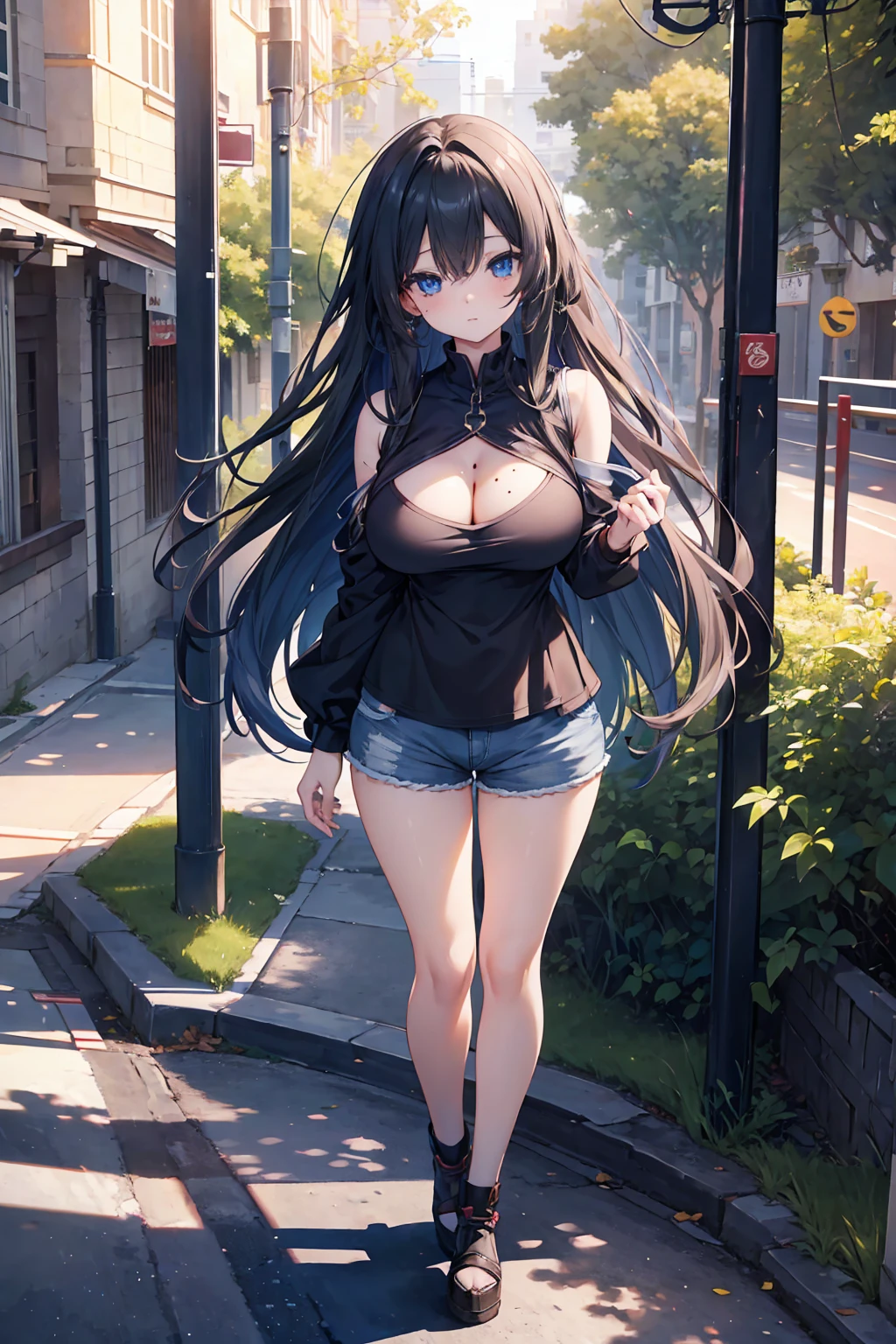 (big breasts, long hair)), (((anime girl))), daylight sunlight, ((full body)), mole on chest, ((shorts)), (extremely detailed 8k cg wallpaper), (extremely delicate and beautiful), (Masterpiece artwork), (the best quality: 1.0), (ultra resolution: 1.0), beautiful lighting, realistic shadows, [high resolution], Detailed aspects, ultra detailed, cleavage, mini black top, (detailed eyes:1.0, perfect eyes, blue eyes)