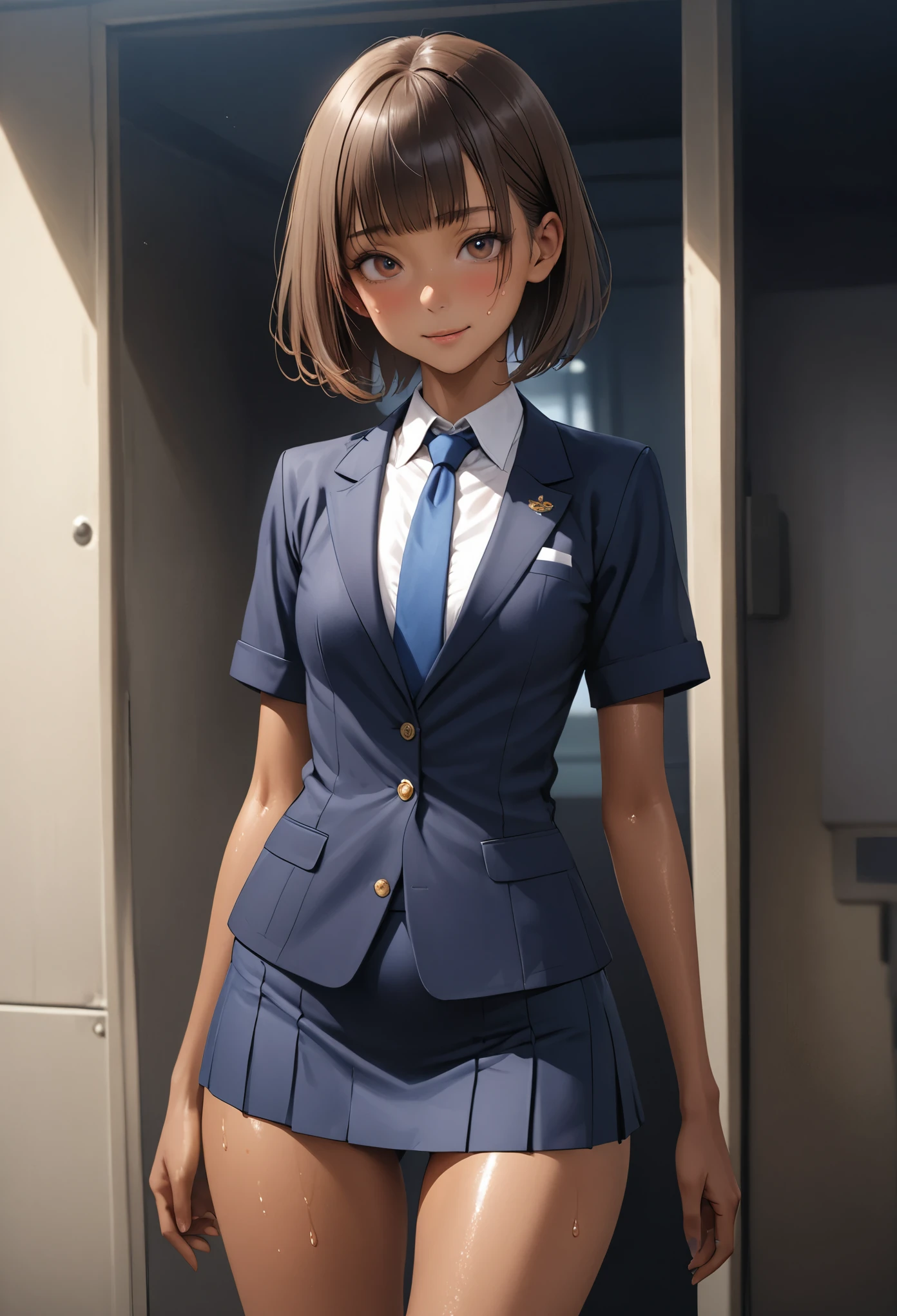 (masterpiece,Highest quality:1.3,best quality illustration,realistic),cowboy shot,1woman,20 year old Japanese beauty,((very small head:1.3)),brown short bob hair,bangs,brown eyes,gorgeous eyes,blush,smile,small breasts,((very long body:1.3)),((toned body,slender body,skinny,tan skin)),(Navy uniform navy blue blazer jacket、White Shirt、Navy blue tie、Navy blue tight mini skirt),gleaming skin,shiny skin,sweat,standing,Naval Base、Tokyo、