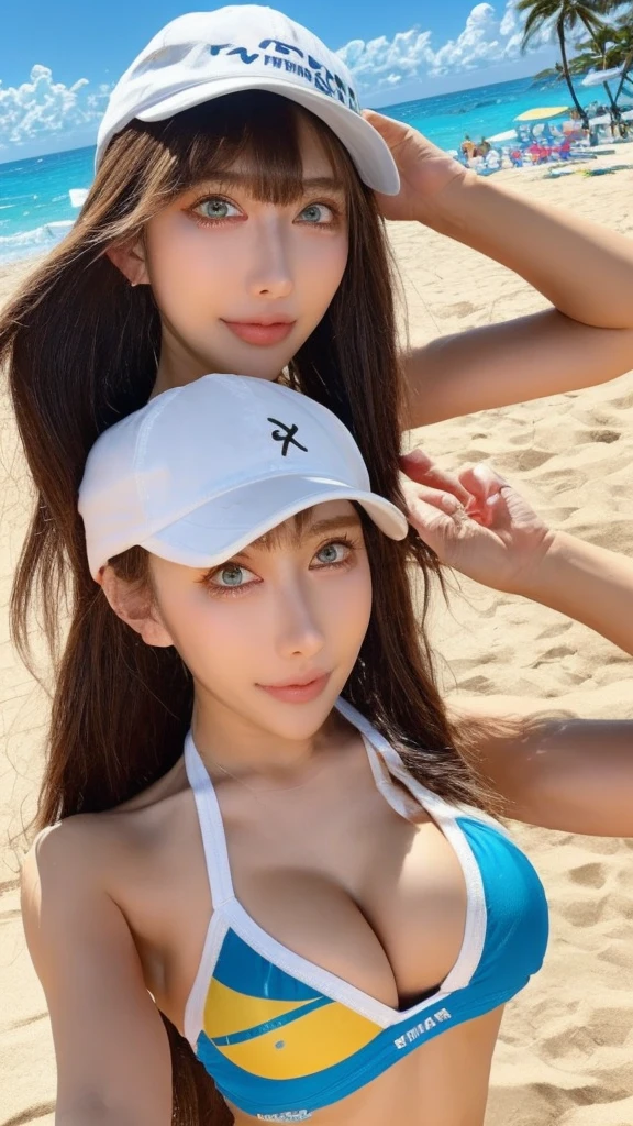 masterpiece, highest quality, pixiv, cool girl, the strongest sports girl, basketball, Popular Characters, baseball cap, Stylish sunglasses, Cute bra and panties, dull bangs, straight bangs, color contact lens eyes, gal, Improve、Soft Big Tits、Sandy Beach、blue sea、White coast、Tropical Sea、Gold body accessories、Beach Volleyball