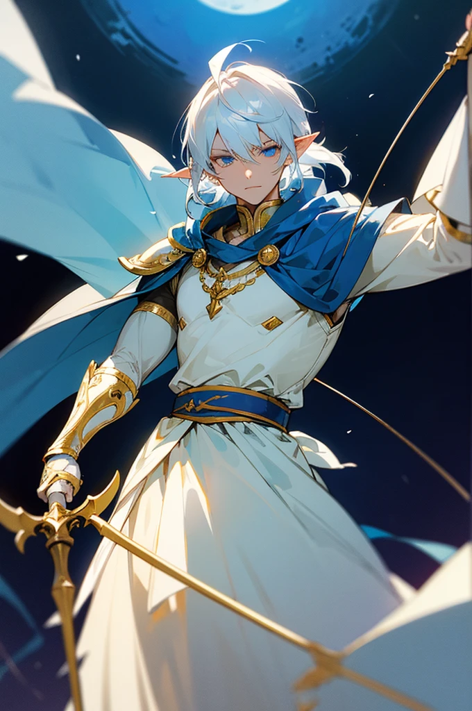 ultra detali, pointy ears, White hair, blue colored eyes, shorth hair, wears silver armor on his chest, on the sleeves he uses a white fabric up to the hands, on his back he wears a blue cape with gold ornaments, the cape covers the armor on your shoulders, holding a white bow and arrow in his hands, the cloth is the moon, a face, ethereal lighting, mystical atmosphere, swirly vibrant colors