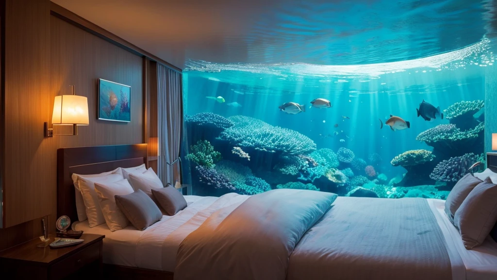 ８ｋ、room、bed、Like a luxury hotel、Open World，seabed，amazing colors，Draw the underwater world，Fluctuations in fresh water，Fluctuating bubbles in water，Very wide angle shot，Fantastic artistic expression， Curved、Large windows、Sense of presence、Fish that look like they&#39;re about to jump out、Frameless windows booklet、The building is made of glass、白いroom、Sensation in the sea、Moody lighting