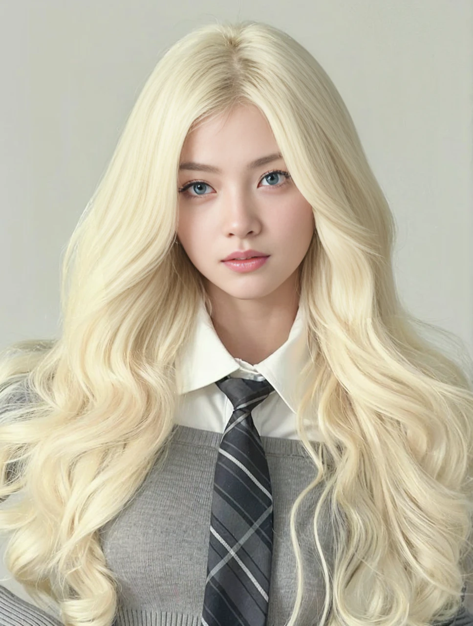 there are a blond woman with blue eyes, neutral expression, blonde hair, eyes blue, asian woman, chinese, slanted eyes