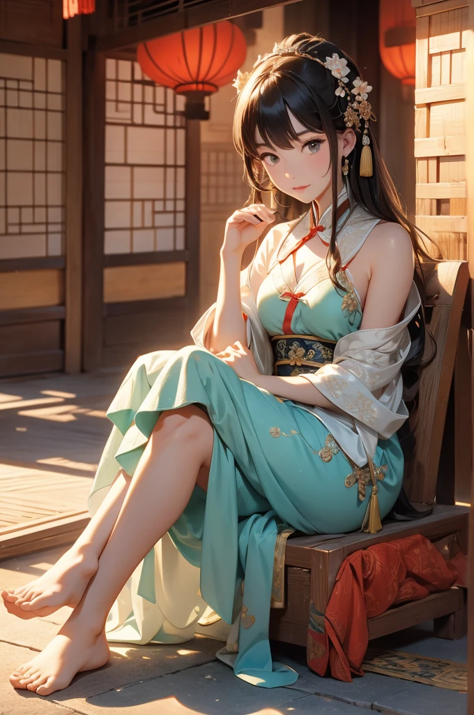 A beauty from the Tang Dynasty,barefoot,Sitting in a small pavilion,