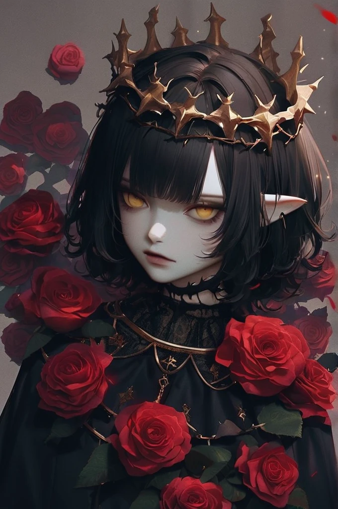 ((Лучшее качество)), ((шедевр)), (подробный), elf, vampire, black medium hair, gothic clothes, gothic, yellow eyes, blank stare, tall, medium hair, short bangs, pale skin, gothic style, blood, background of many bloody roses, lies in roses, bloody background, gothic aesthetics, curly black hair with bangs, decoration with spikes on the neck, a crown of thorns