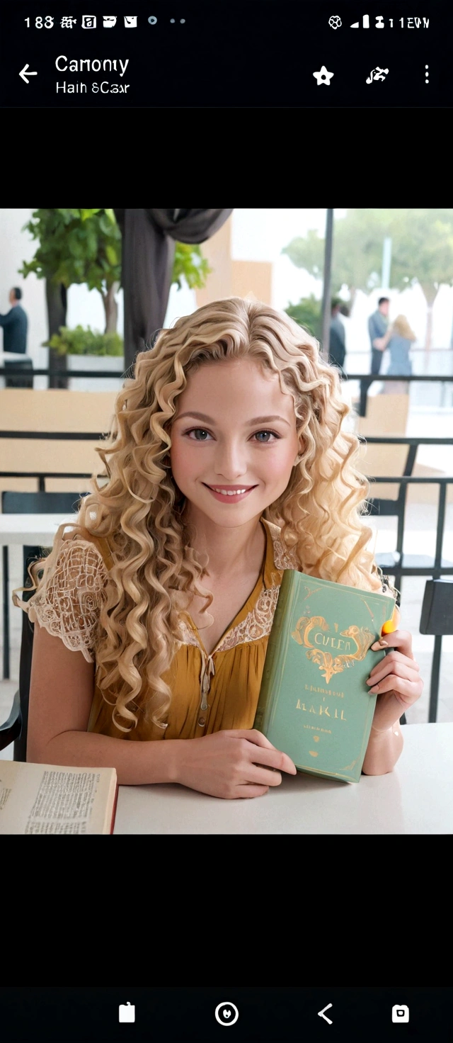 there is a blonde woman with long curly hair, Smiling for the camera, sitting at the table with a book in hand
