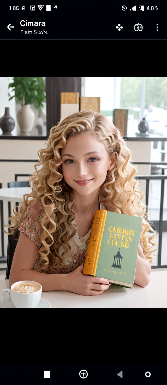 there is a blonde woman with long curly hair, Smiling for the camera, sitting at the table with a book in hand