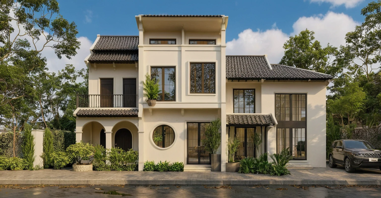 Raw photo,Masterpiece, high quality, best quality, authentic, super detail,
exterior, outdoors, house style indochine on the street ,aiaigroup
road,pavement, grass, trees, sky, cloud, (day:1.1)