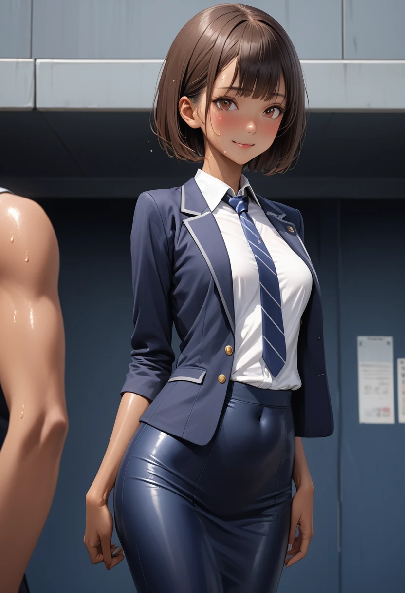 (masterpiece,Highest quality:1.3,best quality illustration,realistic),cowboy shot,1woman,20 year old Japanese beauty,((very small head:1.3)),brown short bob hair,bangs,brown eyes,gorgeous eyes,blush,smile,small breasts,((very long body:1.3)),((toned body,slender body,skinny,tan skin)),(navy uniform、Dark blue blazer jacket、White Shirt、Navy blue tie、Navy blue tight skirt),gleaming skin,shiny skin,sweat,standing,office、Naval Base、