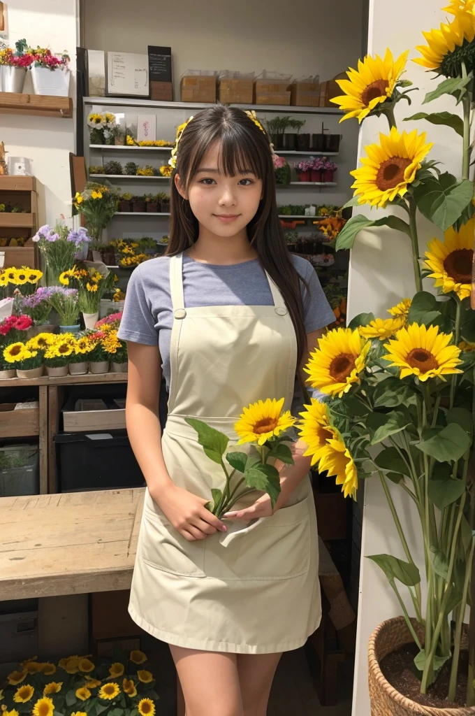 A 20-year-old girl working at a flower shop(Wearing a miniskirt and apron)have a sunflower