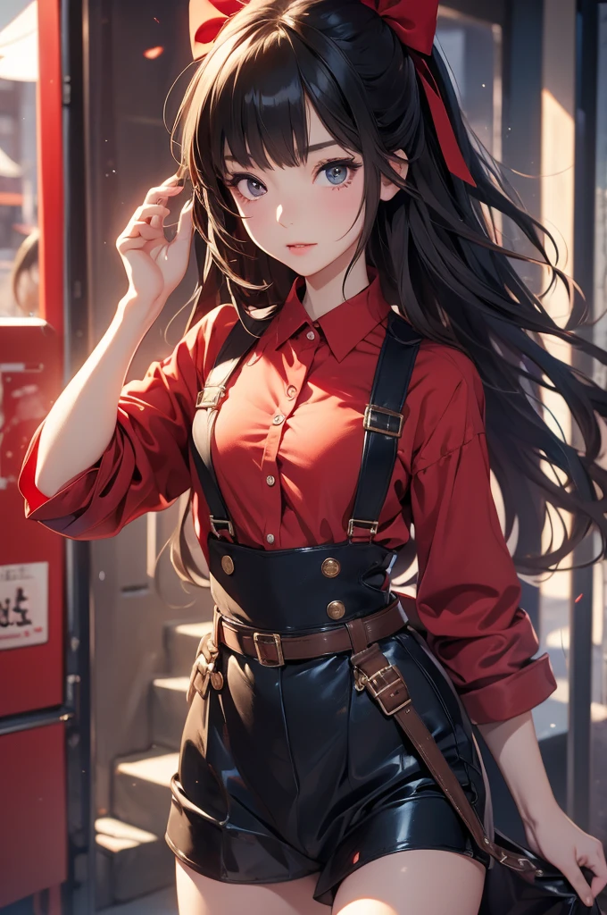 best quality, ame-chan, masterpiece, 1 Girl, Solitary, Small Breasts, Cowboy shooting, Suspenders, Red Shirts, Black Ribbon