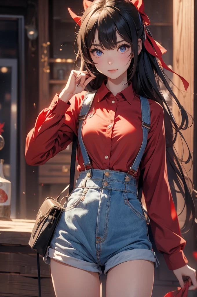 best quality, ame-chan, masterpiece, 1 Girl, Solitary, Small Breasts, Cowboy shooting, Suspenders, Red Shirts, Black Ribbon