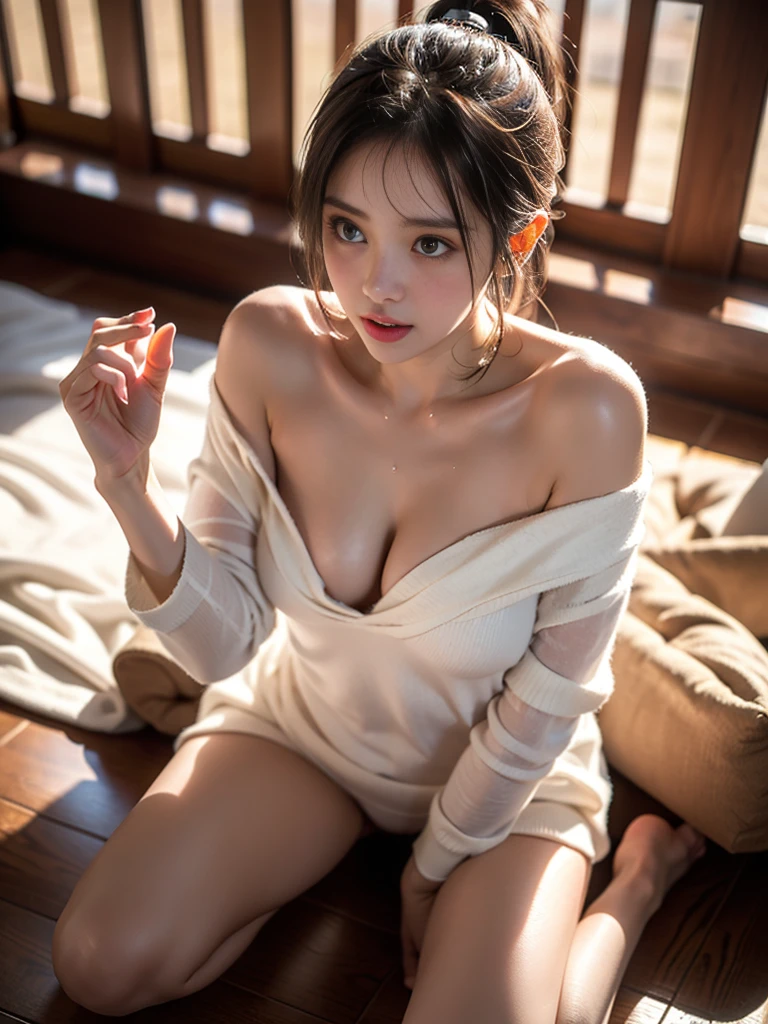 germany girl, pale skin, white skin, hands on pussy, bright lighting, off shoulder, bare shoulder, soaking in sweat, wet dripping after rain, exposing nipples, hard nipples, orgasmic open mouth face, sultry, holding hair, dark hair, dark eyes, small breasts, thin, kneeling, ancient bedroom pace, skinny body, orgasmic face, fully naked, hands up, blushing, transparent clothing, cleavage, tiny breasts, perfecteyes, hands up, seductive pose, masturbate, soft pubic hair,short ponytail hair, from above