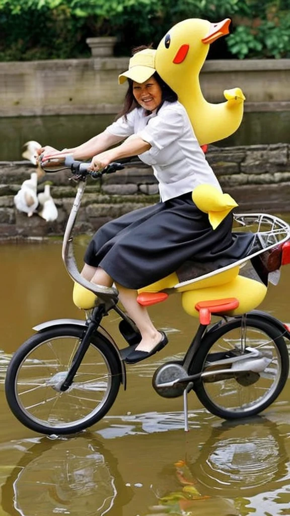 Woman riding a duck, Chinese woman, 50 years old, dirty