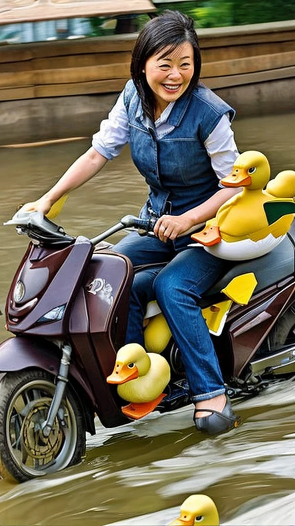 Woman riding a duck, Chinese woman, 50 years old, dirty