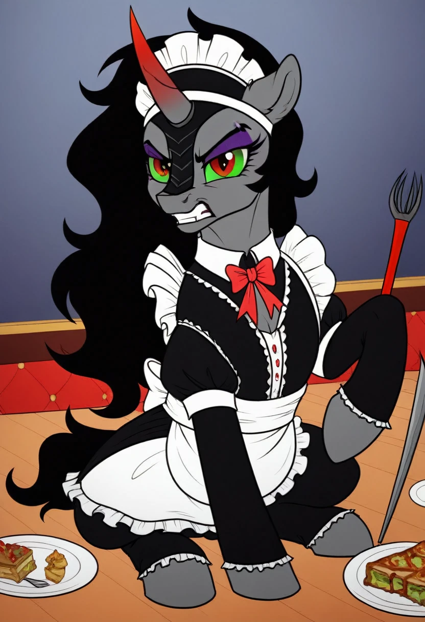 Pony . Black stocking King sombra angry in a maid's outfit, she washes dishes