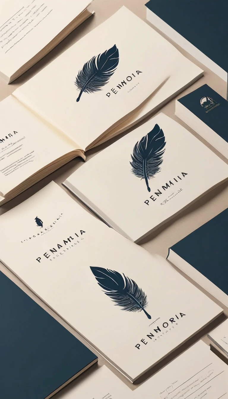 A minimal, modern, simple, cinematic, minimalistic logo design for the brand “Penamemoria". The logo design must be a simple, magical feather and a boy running and holding an acoustic guitar. The logo must convey a sense of music, stories and dreams. Logo design impressed on a book cover. Minimalistic logo