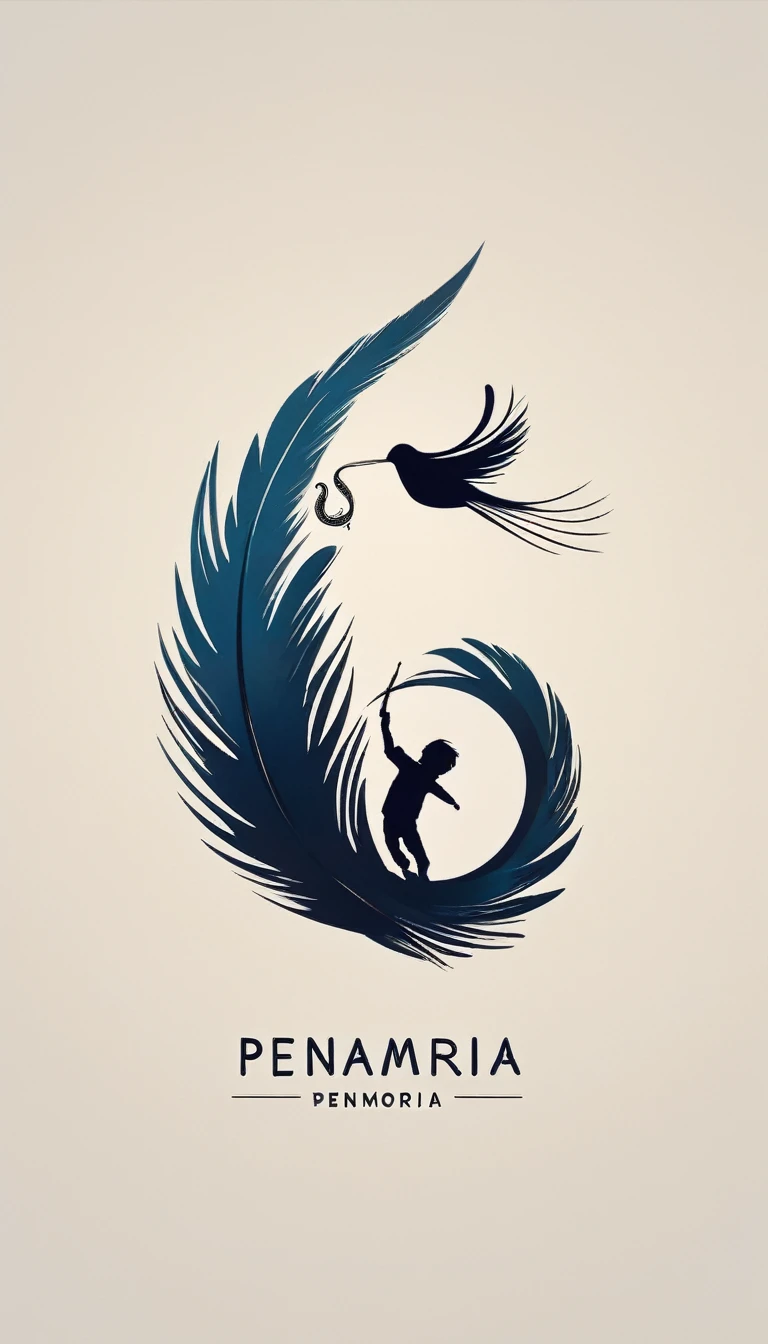A minimal, modern, simple, cinematic, minimalistic logo design for the brand “Penamemoria". The logo design must be a simple, magical feather and a boy running and holding an acoustic guitar. The logo must convey a sense of music, stories and dreams. Logo design impressed on a book cover. Minimalistic logo
