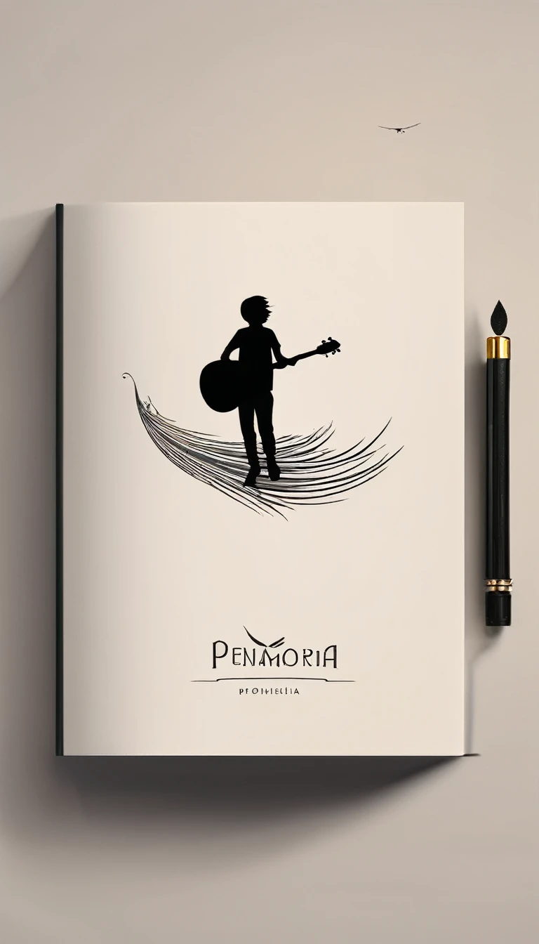 A minimal, modern, simple, cinematic, minimalistic logo design for the brand “Penamemoria". The logo design must be a simple, magical feather and a boy running and holding an acoustic guitar. The logo must convey a sense of music, stories and dreams. Logo design impressed on a book cover. Minimalistic logo