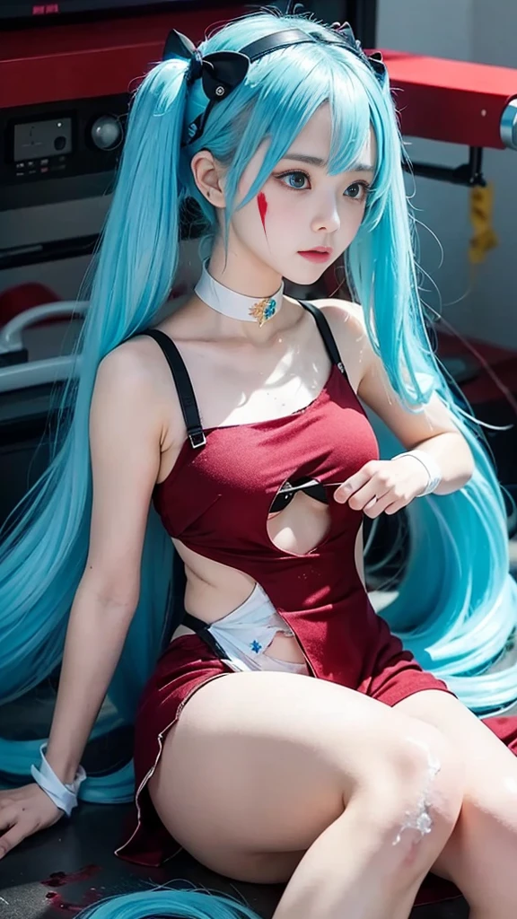 hatsune miku、Blue skin and face、masterpiece, Highest quality, The finest details, 1 Girl, break, Horror, (( injured girl, Blood, 出Blood, Injury)), Shiny white hair, ((Jewel-like red eyes)), Anime Highlight Eyes, ((Damaged clothes, Dirty clothes, Bloodstained clothes, Scarred skin, Battle Damage, Bandaged arm, Bandaged leg)), (Yandere:1.3), break, (The background is a modern hospital, The collapsed hospital), break, Cinema Lighting, Action Movies, dynamic, (Beautiful girl action actor, Baby F Motion Blur, Depth of written boundary, 35mm, Sony FE, One girl,