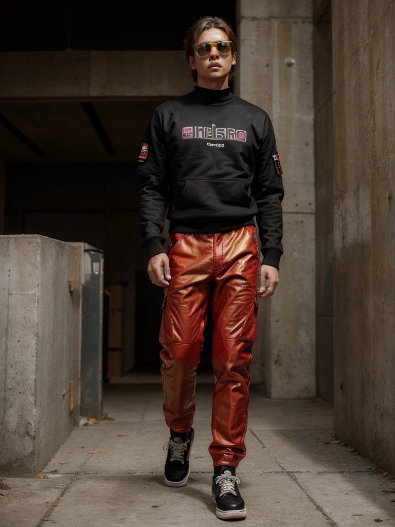 (The best quality, Ultra detailed, golden ratio, Masterpiece:1.2), retrato realist, Model man, fashion show, full leather walking, distant shot, detailed, realist, without errors, model, futuristic clothing, black cargo pants, red converse tennis shoes, red and black Varsity sweatshirt, extravagant red and black accessories, enigmatic, molding, man from afar, full red motocross goggles, model.