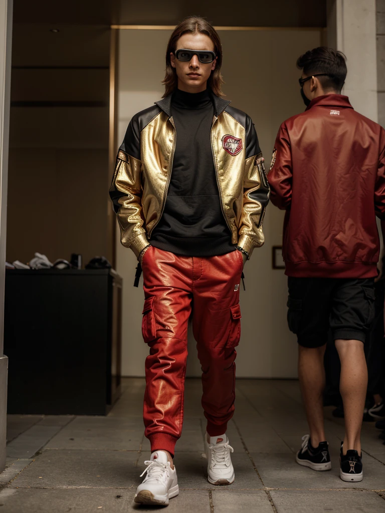 (The best quality, Ultra detailed, golden ratio, Masterpiece:1.2), retrato realist, Model man, fashion show, full leather walking, distant shot, detailed, realist, without errors, model, futuristic clothing, black cargo pants, red converse tennis shoes, red and black Varsity sweatshirt, extravagant red and black accessories, enigmatic, molding, man from afar, full red motocross goggles, model.