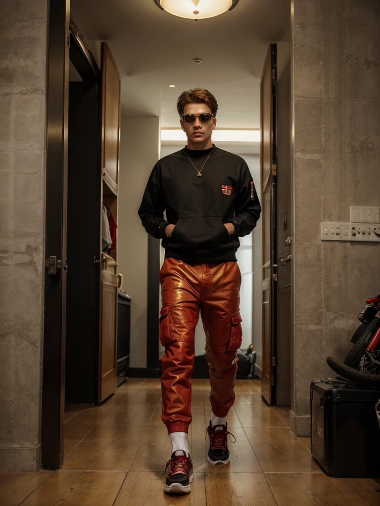 (The best quality, Ultra detailed, golden ratio, Masterpiece:1.2), retrato realist, Model man, fashion show, full leather walking, distant shot, detailed, realist, without errors, model, futuristic clothing, black cargo pants, red converse tennis shoes, red and black Varsity sweatshirt, extravagant red and black accessories, enigmatic, molding, man from afar, full red motocross goggles, model.
