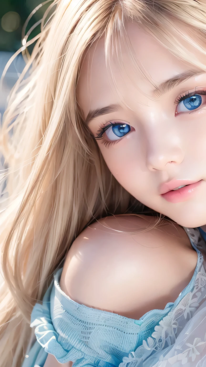 Dressed、(Photorealistic:1.4)、(ハイパーRealistic:1.4)、(Realistic:1.3)、(Smooth lighting:1.05)、(Improved cinematic lighting quality:0.9)、32k、1 Girl、Very cute expression、A beautiful 16 year old blonde girl、Bangs over the eyeessy bangs between the eyes、Realistic top lighting、Backlight、Face Light、Super long silky platinum hair、Blonde rays、(Bright light:1.2)、(quality improvement:1.4)、(Highest quality realistic textured skin:1.4)、Very beautiful, detailed, shining, very bright, white-light blue, large eyes、Very big eyes、Detailed face、A careful eye for quality、(Tired, sleepy and satisfied: 0.0)、Face close up、T-Shirts、(Enhances the body line:1.1)、(Enhances the beauty of skin texture:1.1)、Cheek gloss highlighter