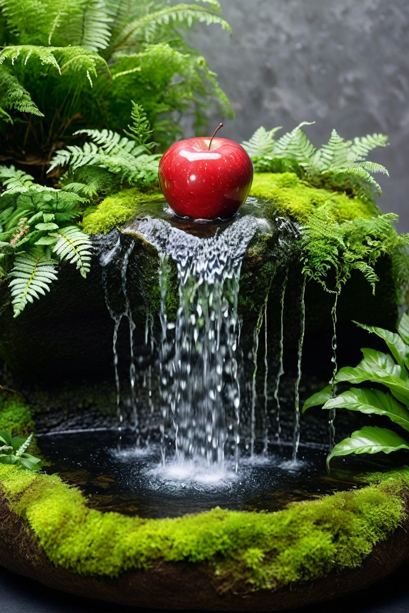 A red apple cut，A miniature waterfall is formed on the cut surface，Clear water flows out from the core of the apple，The splashing water carries tiny pieces of fruit pulp。The waterfall is surrounded by small mosses and ferns.。The background is a soft gray-green，Gives a fresh feeling。Inspired by the art of Giuseppe Arcimboldo
