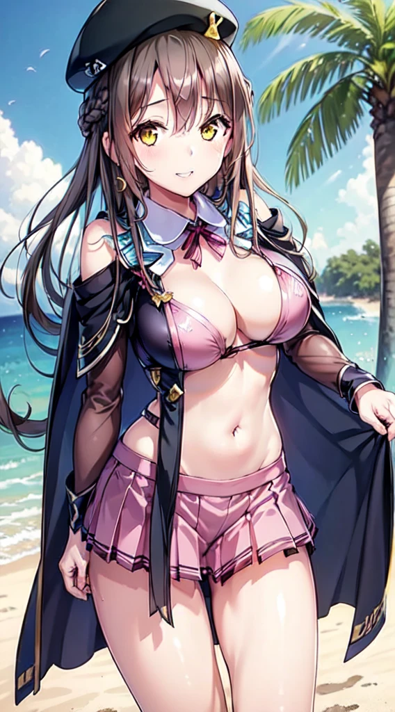 One girl, alone, hair ornaments,Pink Bikini,Beach, water, waterしぶき, smile, Turned away, Under the skirt ,Dark brown hair、Long Hair,Yellow Eyes,Oshima Itsuko,