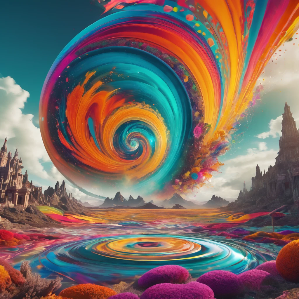 A striking and surreal cinematic scene that represents a Psychedelic experience versus Aphantasia. The foreground displays a colorful, swirling vortex of abstract shapes, patterns, and vivid hues, symbolizing the chaotic, imaginative world of psychedelia. In contrast, the background shows a stark, featureless, and monochromatic landscape, representing the absence of mental imagery in Aphantasia. The scene is lit with a soft, almost dreamlike glow, and features an atmosphere of contrast and harmony between the two conditions., cinematic