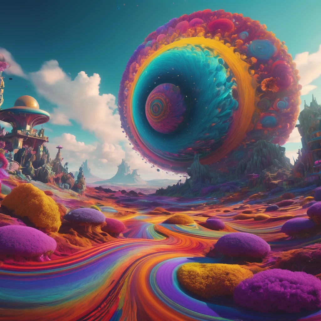 A striking and surreal cinematic scene that represents a Psychedelic experience versus Aphantasia. The foreground displays a colorful, swirling vortex of abstract shapes, patterns, and vivid hues, symbolizing the chaotic, imaginative world of psychedelia. In contrast, the background shows a stark, featureless, and monochromatic landscape, representing the absence of mental imagery in Aphantasia. The scene is lit with a soft, almost dreamlike glow, and features an atmosphere of contrast and harmony between the two conditions., cinematic