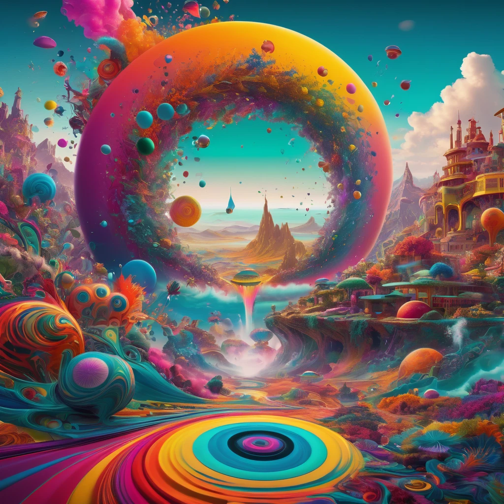 A striking and surreal cinematic scene that represents a Psychedelic experience versus Aphantasia. The foreground displays a colorful, swirling vortex of abstract shapes, patterns, and vivid hues, symbolizing the chaotic, imaginative world of psychedelia. In contrast, the background shows a stark, featureless, and monochromatic landscape, representing the absence of mental imagery in Aphantasia. The scene is lit with a soft, almost dreamlike glow, and features an atmosphere of contrast and harmony between the two conditions., cinematic