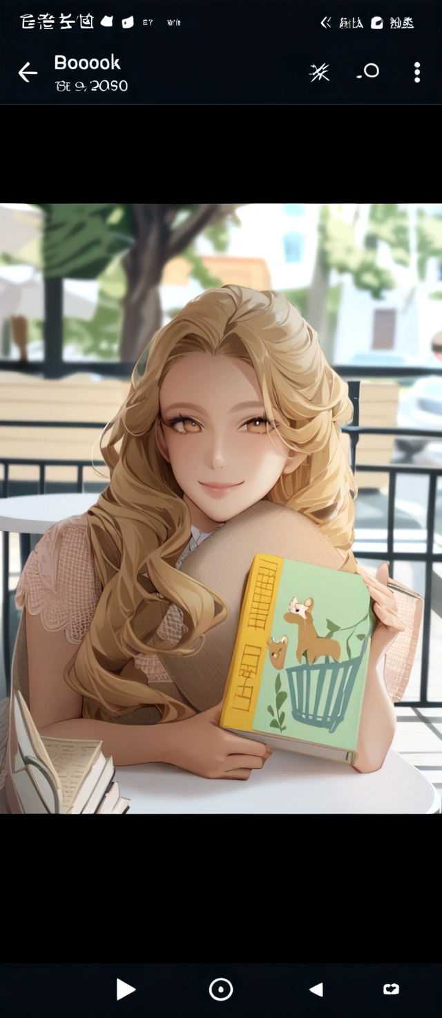 there is a blonde woman with long curly hair, Smiling for the camera, sitting at the table with a book in hand