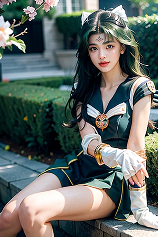 (Highly Detailed CG Unity 8K Wallpaper, masterpiece, Highest quality), (Exquisite lighting and shadows, A very dramatic picture, Cinema Lens Effects), (Sailor Moon: 1.4), Delicate facial features, Cute Smile, Star Eyes, ((Dark green hair)), Tight Top, White gloves, mini skirt, Dynamic pose, lying in the garden), (Blooming garden background) (Amazing details, Excellent lighting, Wide-angle), (Excellent rendering, I&#39;m so proud of my species),