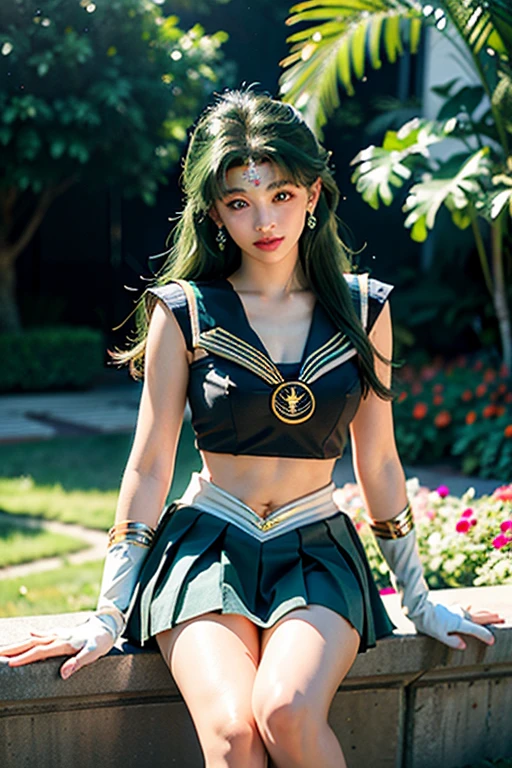(Highly Detailed CG Unity 8K Wallpaper, masterpiece, Highest quality), (Exquisite lighting and shadows, A very dramatic picture, Cinema Lens Effects), (Sailor Moon: 1.4), Delicate facial features, Cute Smile, Star Eyes, ((Dark green hair)), Tight Top, White gloves, mini skirt, Dynamic pose, lying in the garden), (Blooming garden background) (Amazing details, Excellent lighting, Wide-angle), (Excellent rendering, I'm so proud of my species),