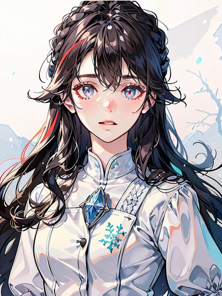 1 , dark hair with red highlights , eyes clear as winter , wearing a white dress vest with blue details , White background