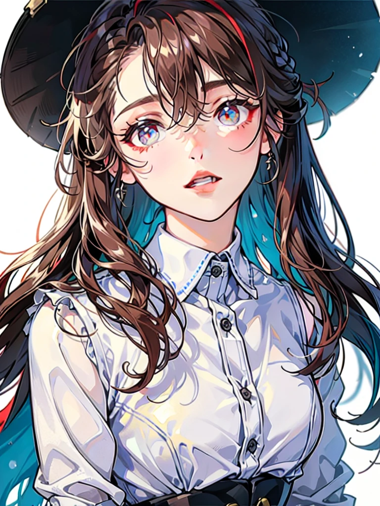 1  , dark hair with red highlights , eyes clear as winter , wearing a white dress vest with blue details , White background