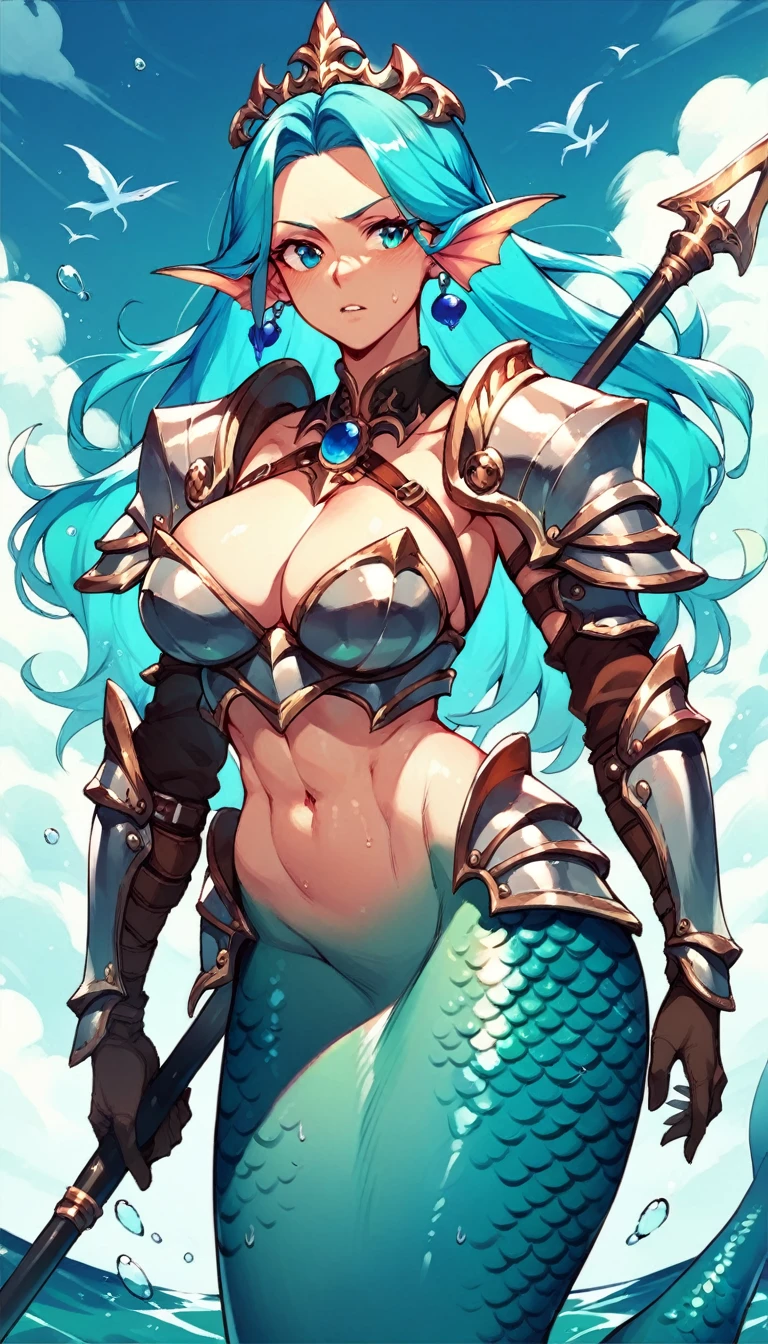 A blue-haired mermaid with warrior armor