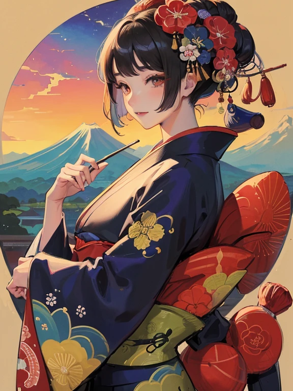 (Highest quality、masterpiece、High resolution、8K)、Vibrant colors、Ukiyo-e、Utamaro、Kimono Beauty、river、Mount Fuji in the distance、Japanese style scenery、Official Art、