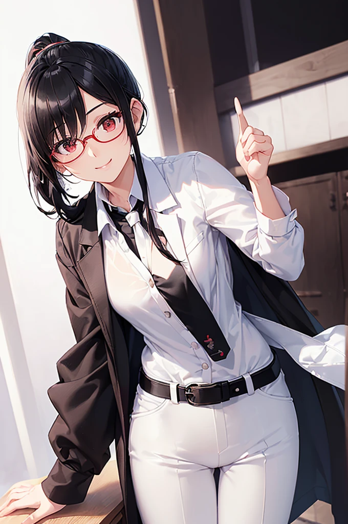 (masterpiece; best quality: 1.2), (finely detailed eyes: 1.3), ((25 year old woman)), ((solo)), (red eyes: 1.4), (body; gorgeous, lithe, femenine: 1.3), (black hair in low-ponytail: 1.3), (beautiful and clear background: 1.2), ((depth of field)), (equipment: white unbuttoned labcoat + black shirt + white tie + white pants + black square glasses: 1.3), (anime illustration: 1.2), (background composition; japanese highschool classroom + furniture: 1.1), (extremely fine and beautiful: 1.1), (shot composition; standing + centered on torso + close-up: 1.5), (expression; calm, smile: 1.2)