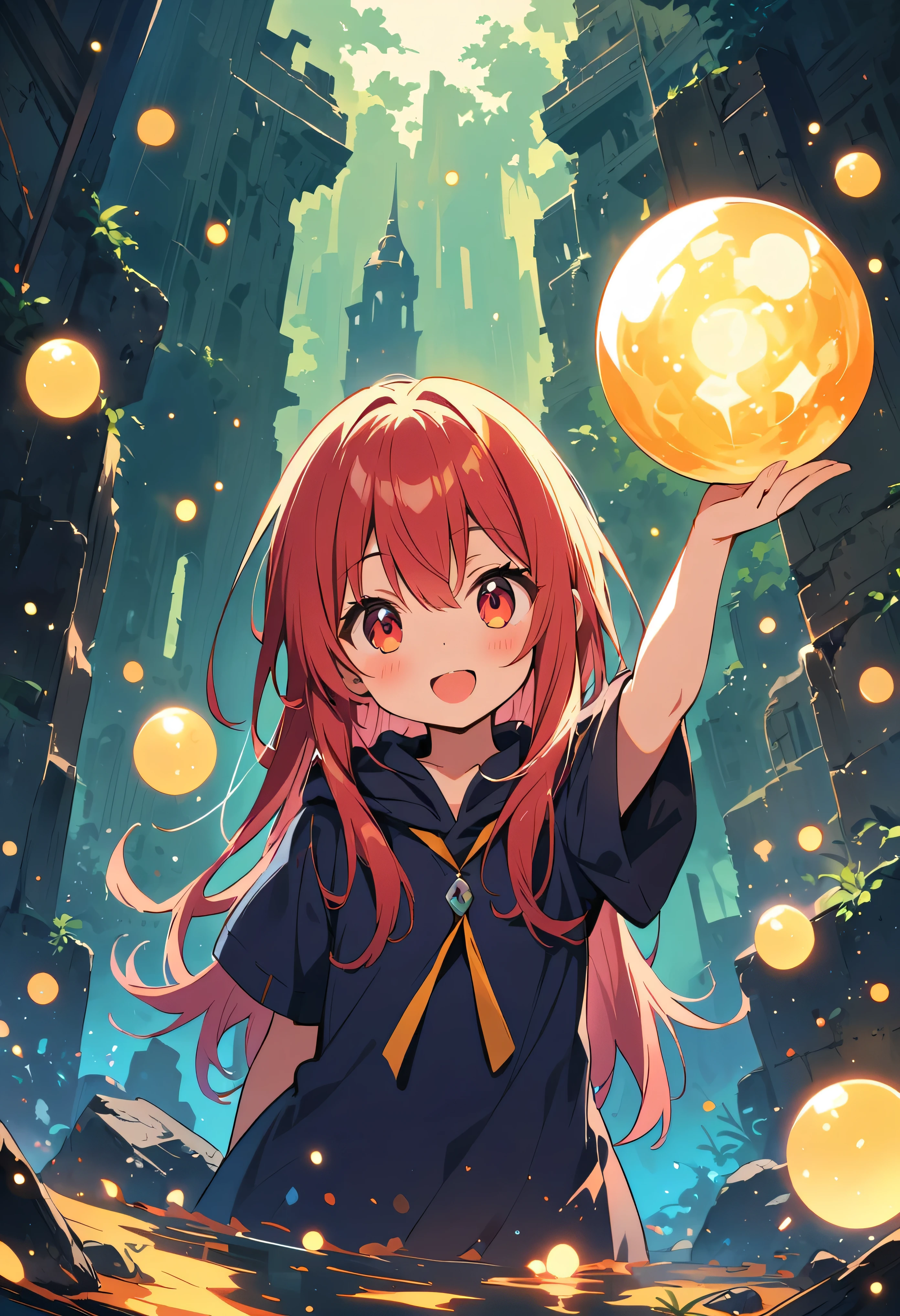 young wizard,A ball of light floats in your hand,shiny, In the ruins