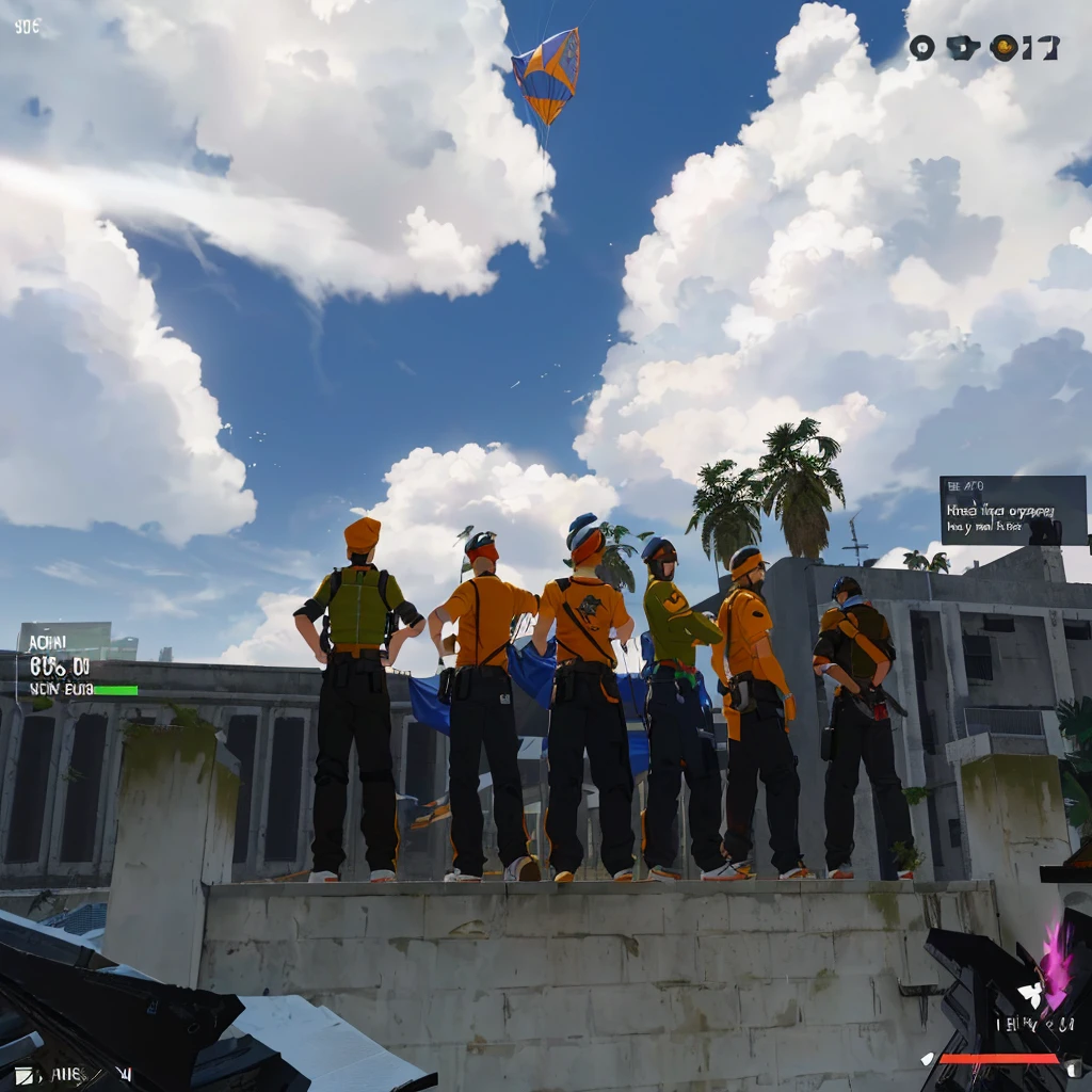there are many people standing on a ledge with a kite in the sky, videogame screenshot>, screenshot from the game de moda, 2020 videogame screenshot, in-game, in-game, screenshot from the game simulador de vida, in-game, screenshot from the game, in-game screenshot, computer screenshot, screenshot from the game com interface do usuário, team fortress style, action scene screenshot