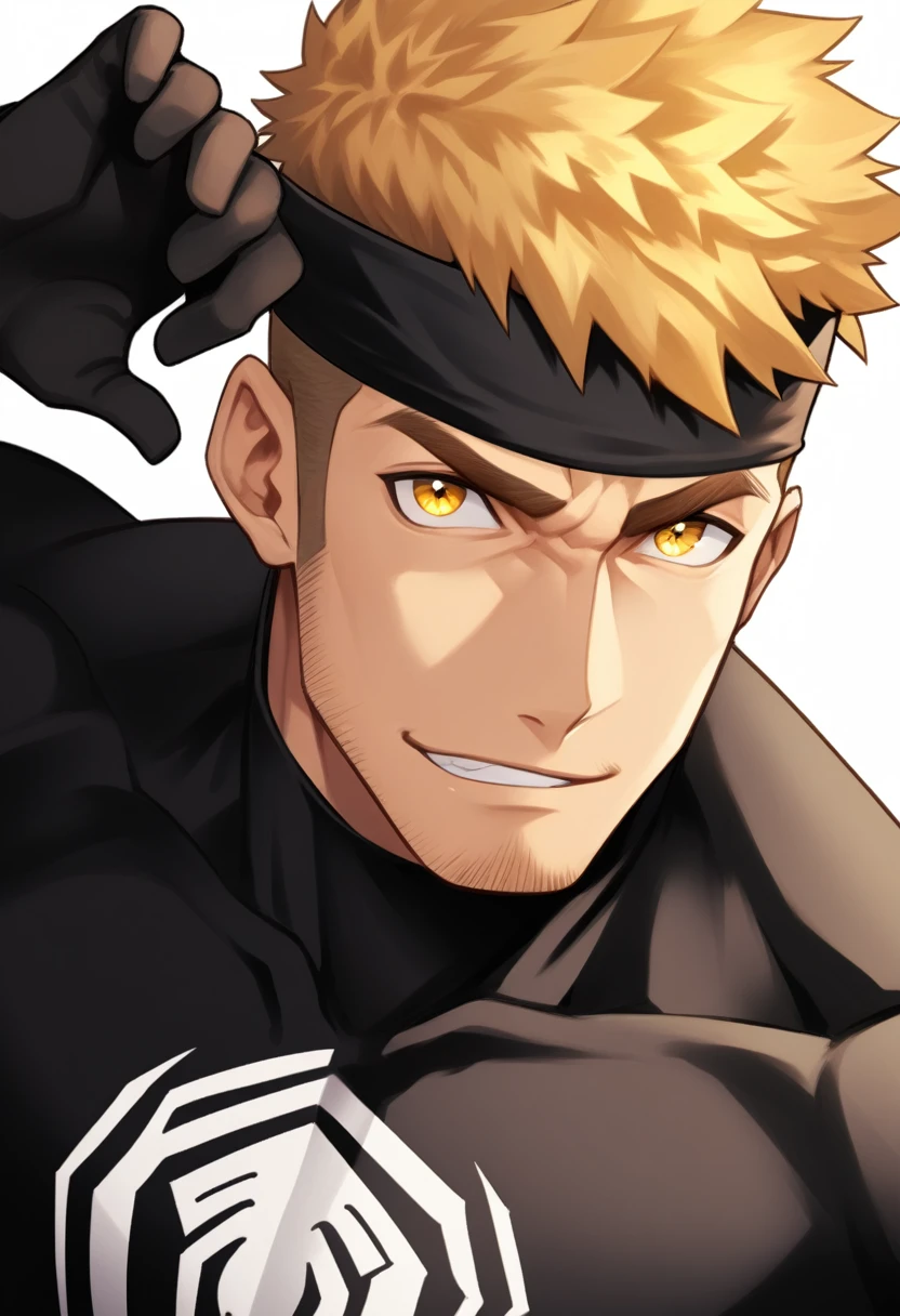 anime characters:Gyee, 1 young muscular man, male focus, sports Black headband, Black Spiderman Turtleneck Bodysuit, Spider-Man logo, muscular male, Round, firm and full chest muscles, only, Upper body, alone, Yellow short hair, stubble, Yellow eyes, Wink, White background, simple background, amazing quality, best aesthetics, Ridiculous, bright pupils, crew cut, naughty face, torogao, parted lips, best quality