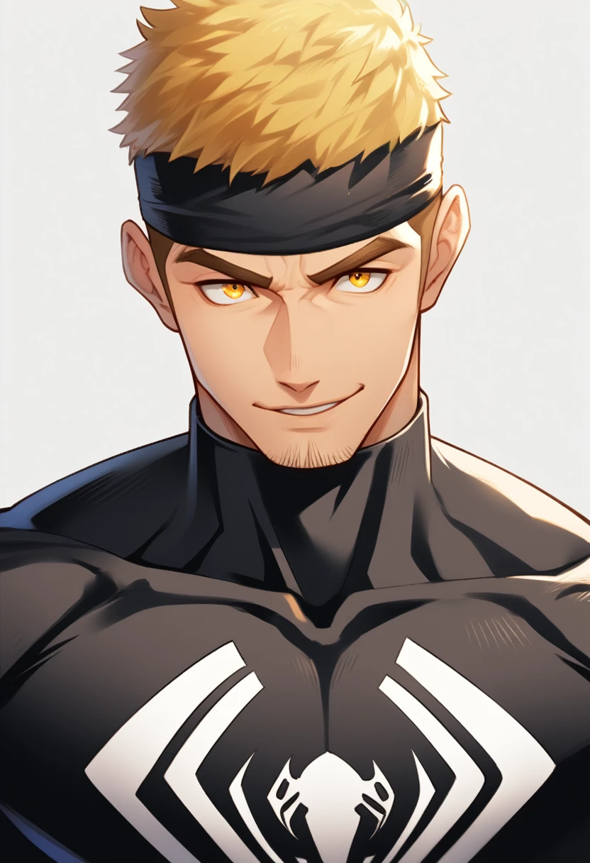 anime characters:Gyee, 1 young muscular man, male focus, sports Black headband, Black Spiderman Turtleneck Bodysuit, Spider-Man logo, muscular male, Round, firm and full chest muscles, only, Upper body, alone, Yellow short hair, stubble, Yellow eyes, Wink, White background, simple background, amazing quality, best aesthetics, Ridiculous, bright pupils, crew cut, naughty face, torogao, parted lips, best quality